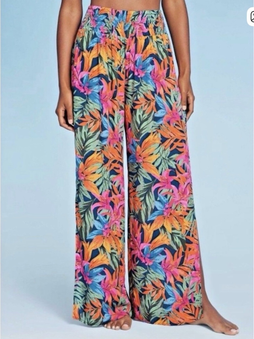 Wide-Leg Tropical Print Pants - Multicolor